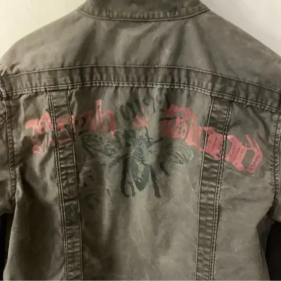 VTG Guess Jeans Brown Band/Military Flesh & Blood Jacket L Flawed Bikercore Punk - Picture 4 of 15